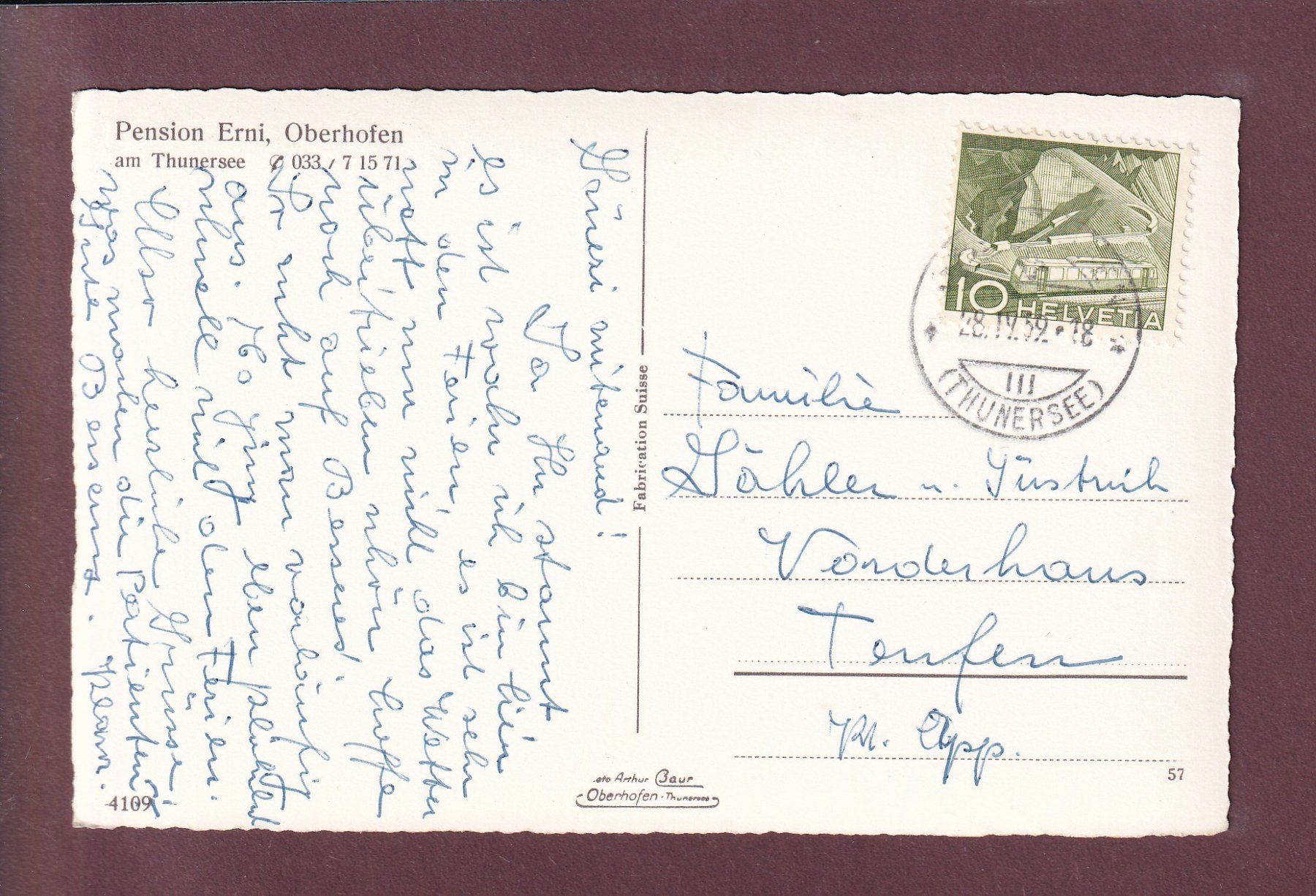 Ansichtskarten: OBERHOFEN - Pension ERNI - 1959 – Gebraucht aus Pully von nicecards 1