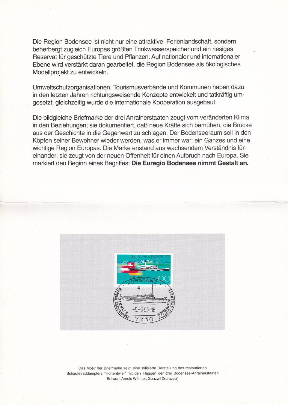 Tutti i francobolli: Hologramm - Folder EUREGIO Bodensee 1993 – Usato da Baar venduto da Asmara111 1