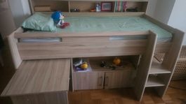 Lit mezzanine élégant 90x200, bureau, rangements + matelas