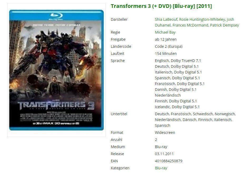Tutti i DVDs: Transformers 3 - Blu-Ray – Usato da Buchrain venduto da Sssschaller