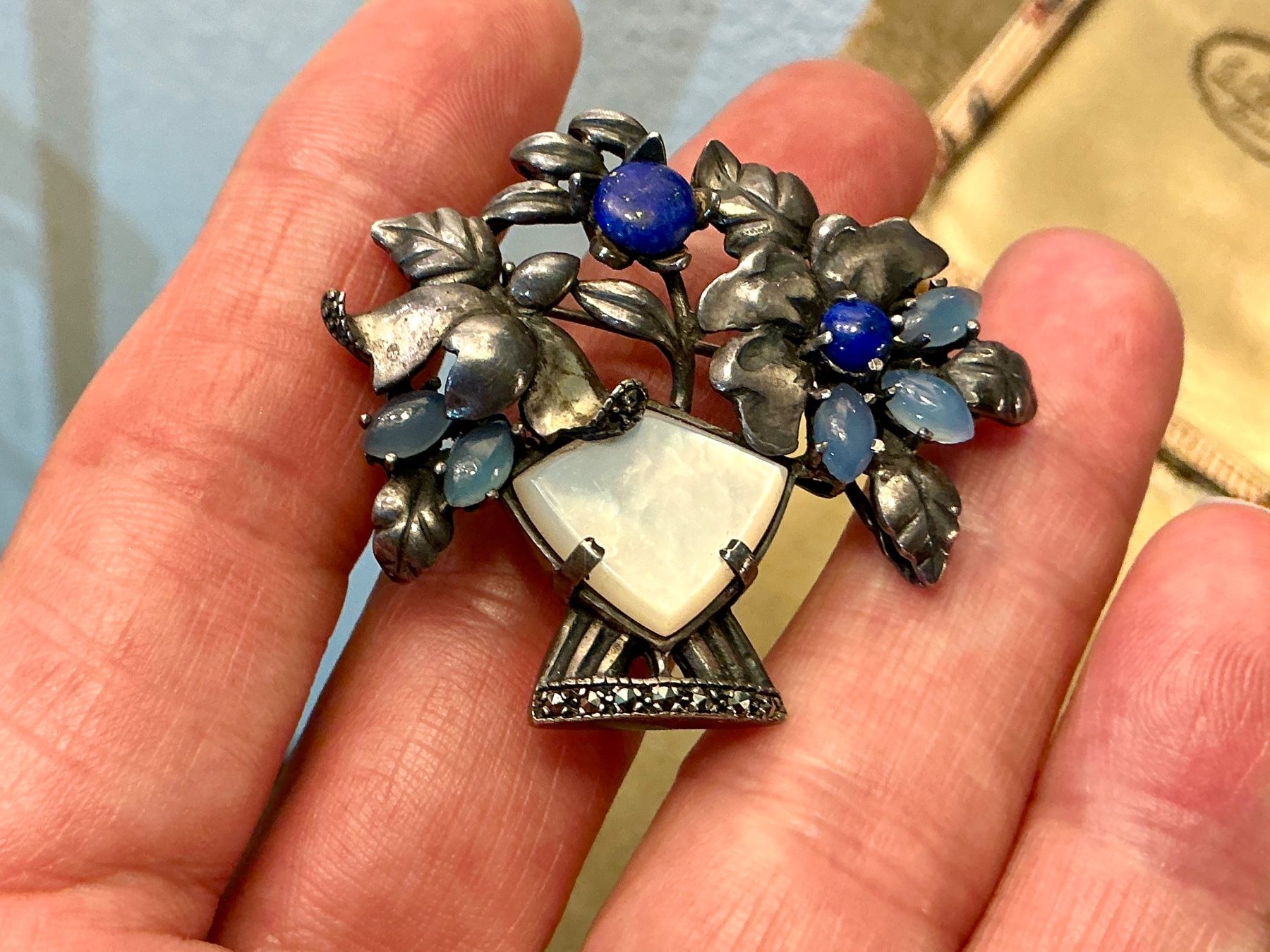 Spille & Fermagli: JUGENDSTIL BROSCHE SILBER 800-ER, LAPIS, AQUA CABOCHON,PERLM – Usato da Biglen venduto da Limarkt 2