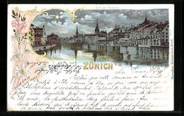 Litho Zürich, Uferpartie bei Mondschein