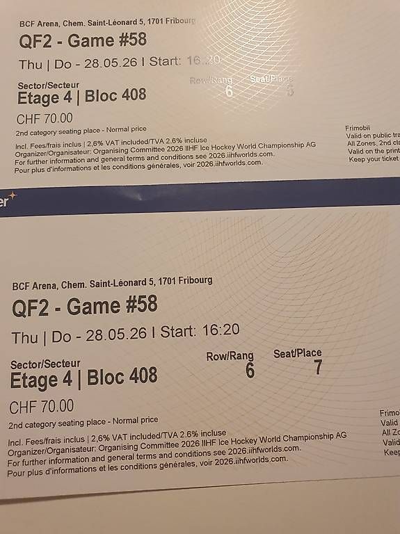 Biglietti: 2 Tickets IIHF QF2 #58 CAN vs USA – Usato da Gümligen venduto da Stephprincess