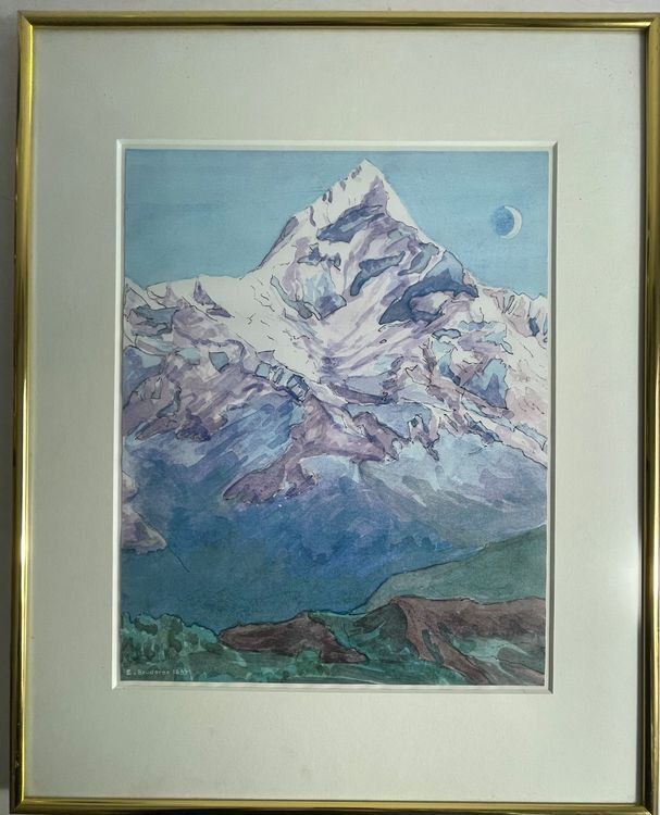 E.BRUERER AQUARELL BERGMASSIV MIT ALURAHMEN GRÖSSE 50X40CM 1