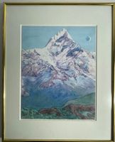 E.BRUERER AQUARELL BERGMASSIV MIT ALURAHMEN GRÖSSE 50X40CM