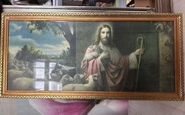 Gemälde guter Hirte mit Schafen gerahmt