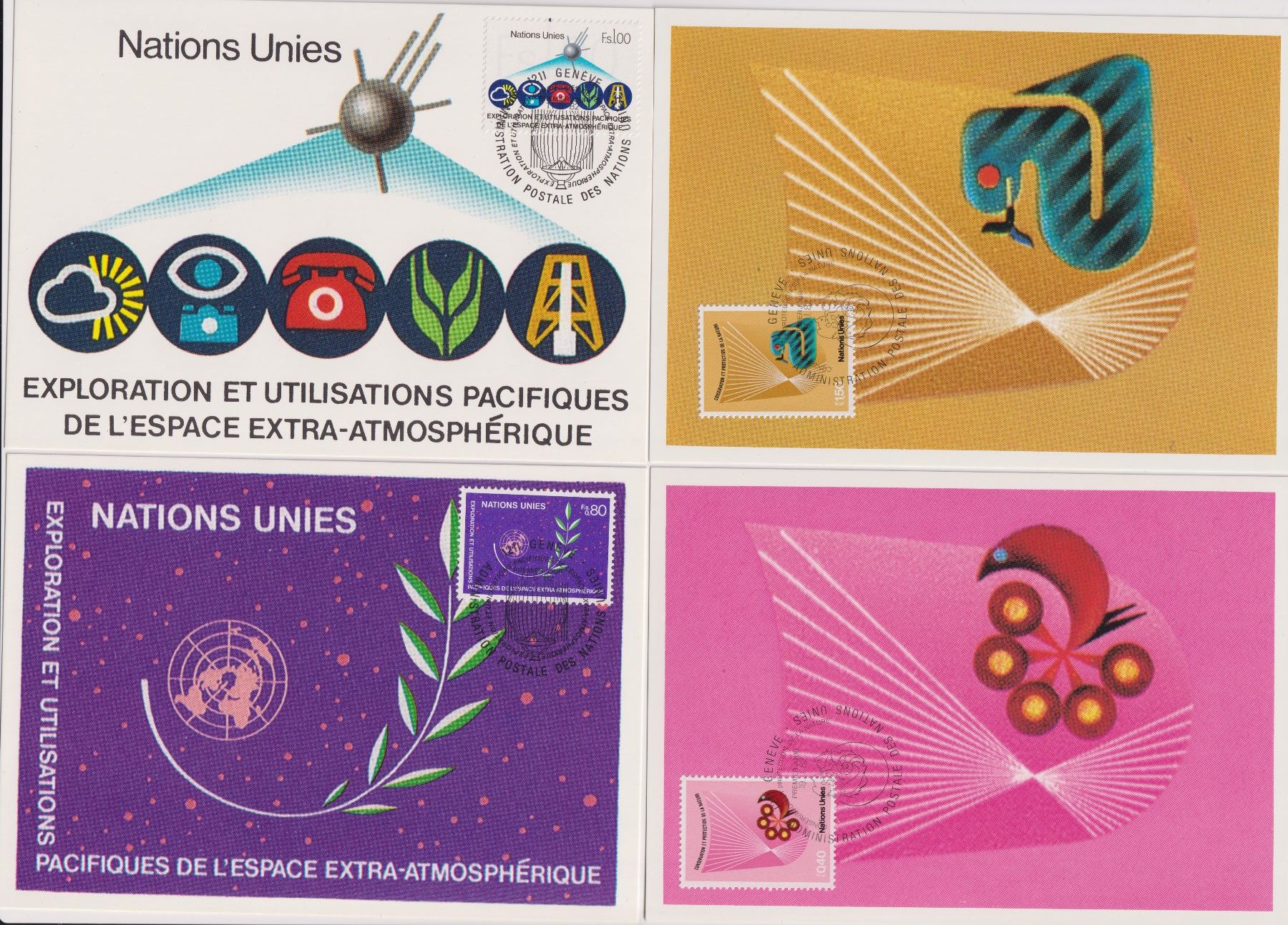 Tutti i francobolli: 4 Maximumkarten Nations Unies 1982 – Usato da Bellach venduto da qsearch