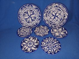 7 Blaue Keramikteller, Wandteller, Spanien, Handbemalt