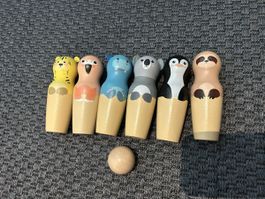 Wooden Animal Bowling Set 6 Pins 1 Ball Good Condition