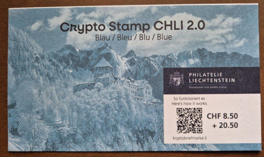 Tutti i francobolli: FL Crypto Stamp CHLI 2.0 BLAU, original verpackt, ** – Nuovo e nell'imballaggio originale da St. Moritz venduto da Guenteratch