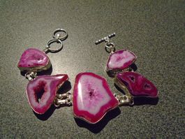 Armband silberfarbig, Steine pink/rosa mit Loch
