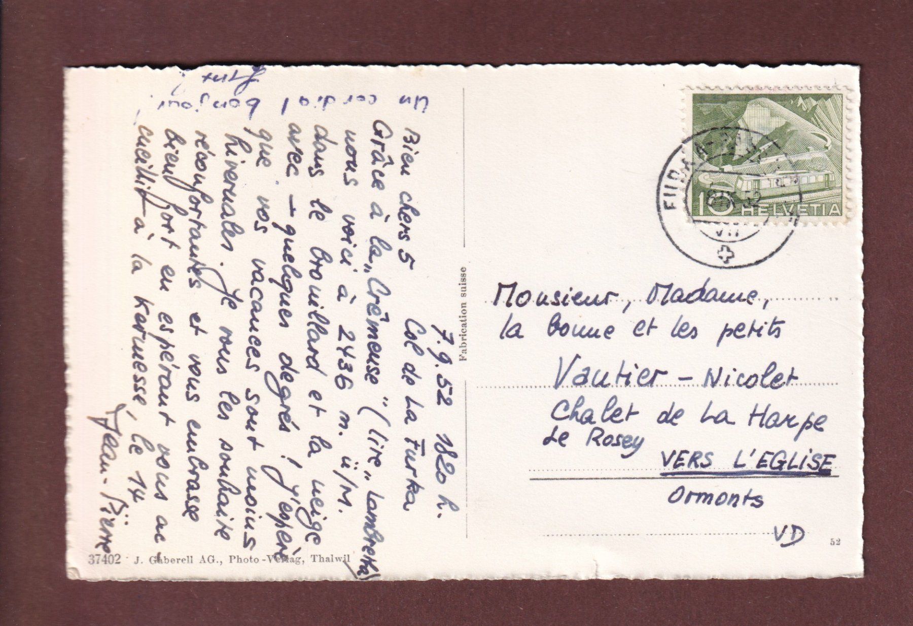 Ansichtskarten: GALENSTOCK - 1952 – Gebraucht aus Pully von nicecards-shop 1