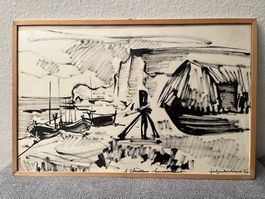 Vintage Kohle Zeichnung Meereslandschaft signiert gerahmt