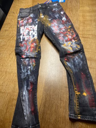 S.Woman JEANS/HOSE Gr.M Schwarz bunt Farbe bedruckt Mod.Kati