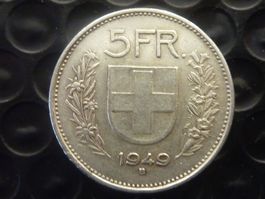 5 Fr. 1949 rar nur 0,40 Mio. Prägungen  -  ungereinigt  -