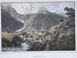 Antiker kolorierter Stahlstich Bergün Rohbock um 1860