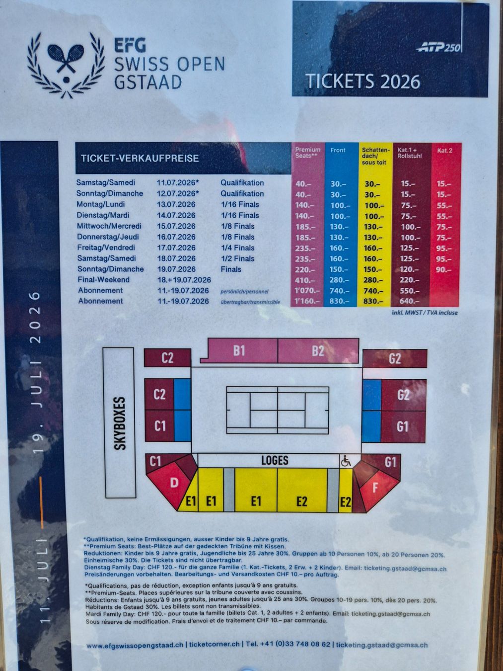 Billets de banque: Ticket Swiss Open Gstaad Final Sonntag - Tribune E2 R9 – Neuf avec emballage d'origine à Savièse par Benoit73 2