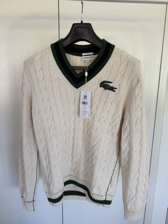 Lacoste cream cable-knit V-neck sweater (size M)