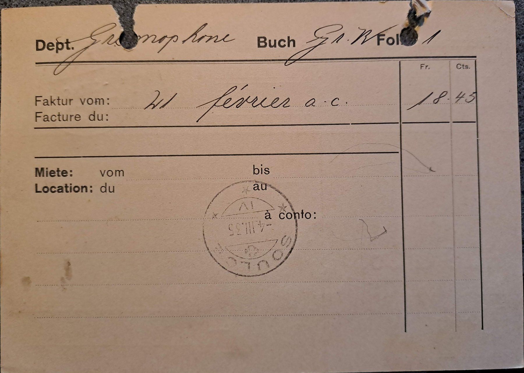 Alle Briefmarken: Perfin HUG / Basel 01.03.1935 pour Soulce. – Gebraucht aus Montenol von Vernier2 1