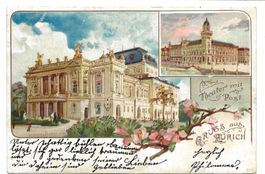 Gruss aus Zürich - Stadt - Theater mit Post - Litho - 1901