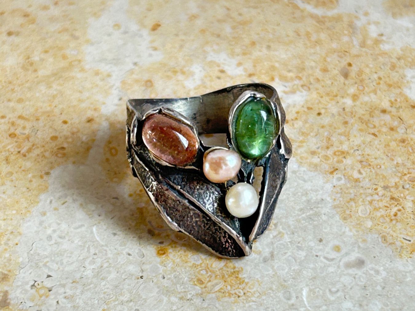 Anelli: Vintage Ring Silber mit Perlen farbigen Steinen (52) – Usato da Dittingen venduto da Bellevista 1