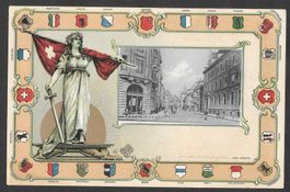 Basel Spalenvorstadt Prägekarte Helvetia und Wappen