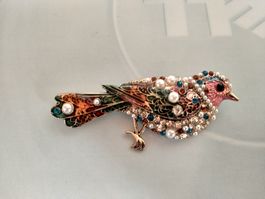 wunderschöne  Vogel Brosche mit Strass und Perlen