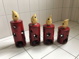 Rote Kerzen Teelichthalter Keramik, 4er Set, Winterdeko