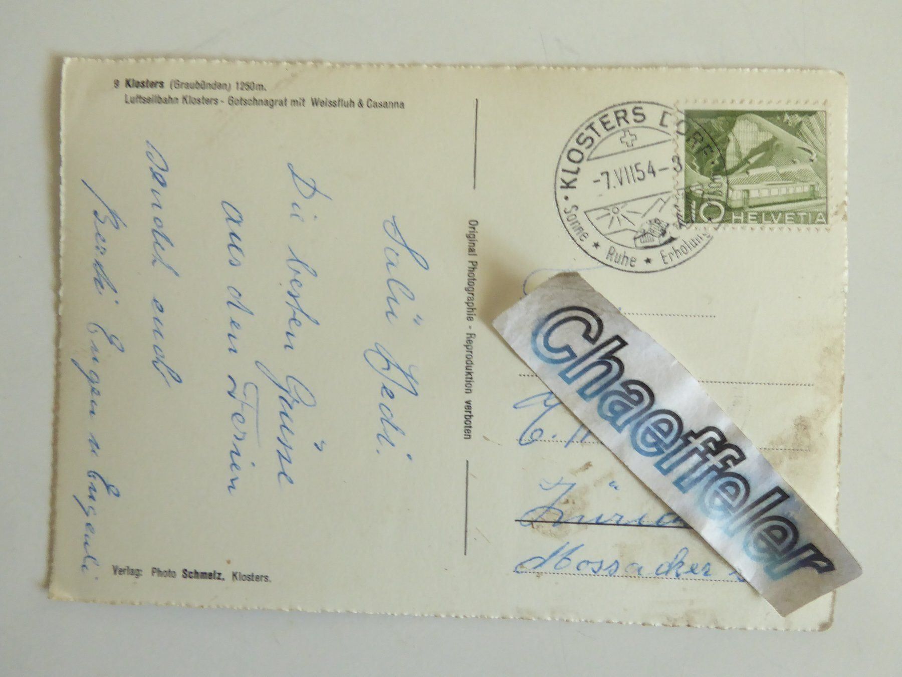 Cartoline postali: 1955 Klosters – Usato da Zürich venduto da Chaeffeler 1