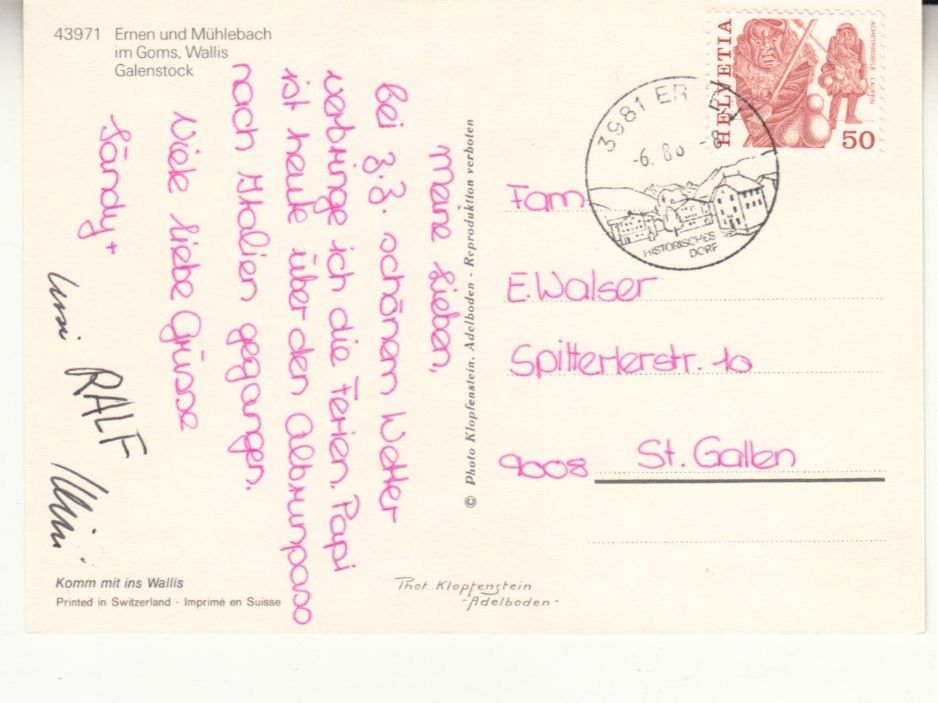 Cartoline postali: Ernen 1980 – Usato da Bürglen TG venduto da StampGraf 1