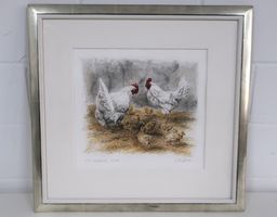 Handkolorierte Lithografie Hühner Wiesy Imhof