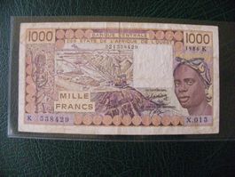 1000 Francs CFA, Jahrgang 1986, Banknote aus Afrika, Top!