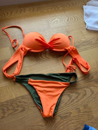 Bikini zweifarbig orange-gruen Groesse S
