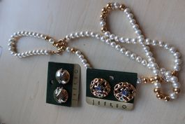 SET Halskette mit Perlen + 2 Paar Ohrclips - NEU