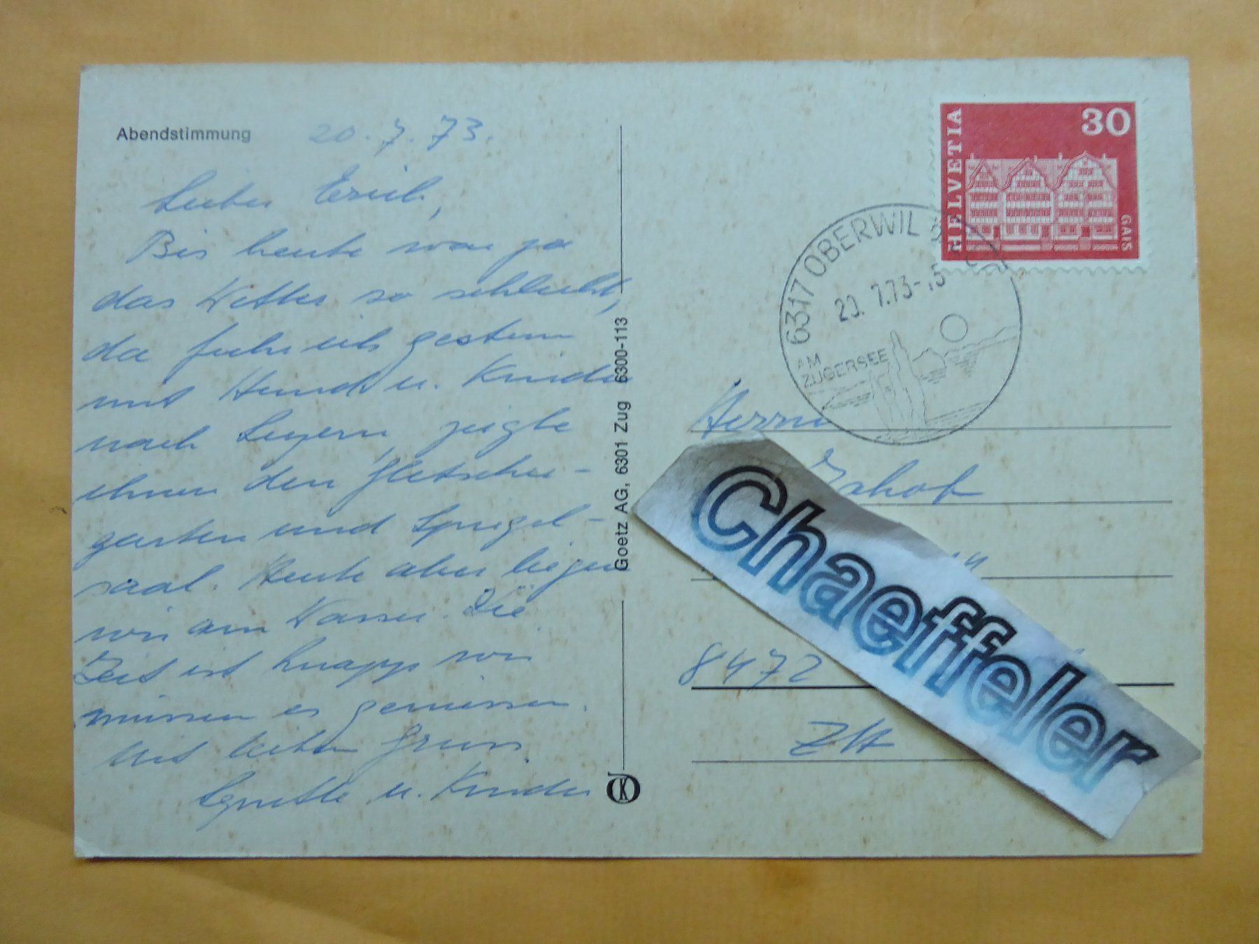 Cartoline postali: Abendstimmung.  möglicherweise am Zuger- – Usato da Zürich venduto da Chaeffeler 1