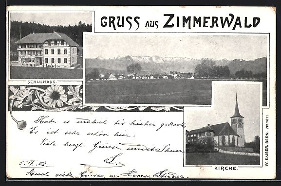 Cartoline postali: AK Zimmerwald, Schulhaus und Kirche – Usato da Berlin venduto da bartko-reher
