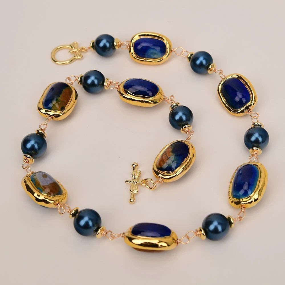 Catenine: Blau Achat Perlmutt Kette Echt Collier Agate Perle nacre – Nuovo (secondo la descrizione) da Prilly venduto da ilyria73 9