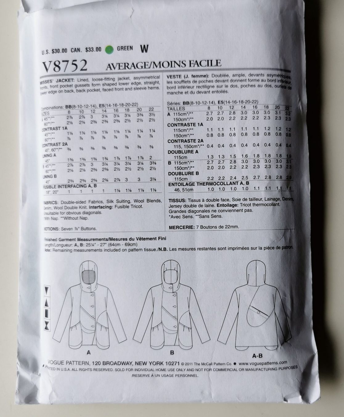 Cartamodelli: Schnittmuster Vogue 8752 – Nuovo (secondo la descrizione) da Hinterforst venduto da Jamila8 1