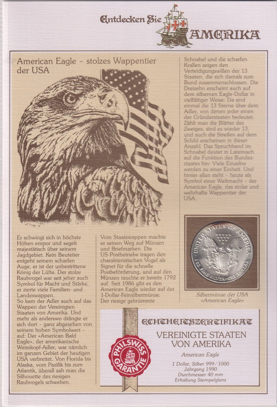 Alle Münzen: USA Silberdollar Eagle1990 'Entdecken Sie Amerika' – Gebraucht aus Eschlikon TG von PhilCon
