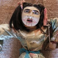 Antike Marionette, Handbemalt, Seide & Holz, Rarität!