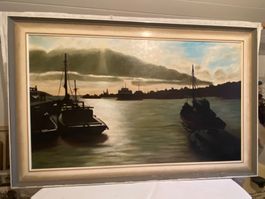 Ölgemälde auf Leinwand - Hafenmotiv mit Booten, gerahmt
