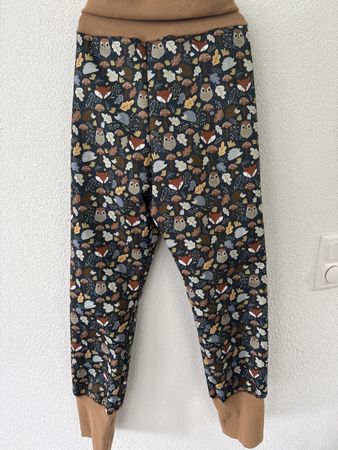Handmade Softshellhose Gr. 140 mit Füchse, Eulen und Igel