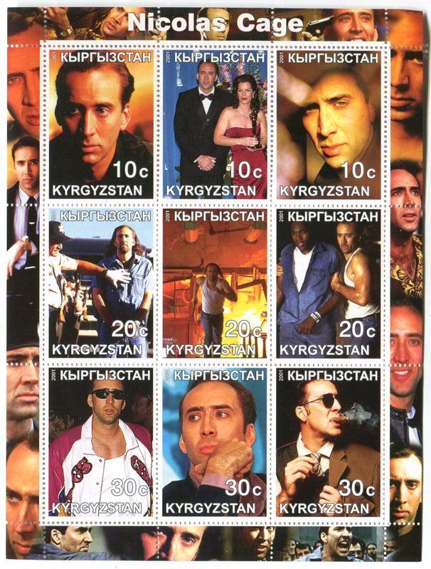 Tutti i francobolli: Block "Nicolas Cage". Kirgisistan. – Nuovo e nell'imballaggio originale da Basel venduto da Butsch5