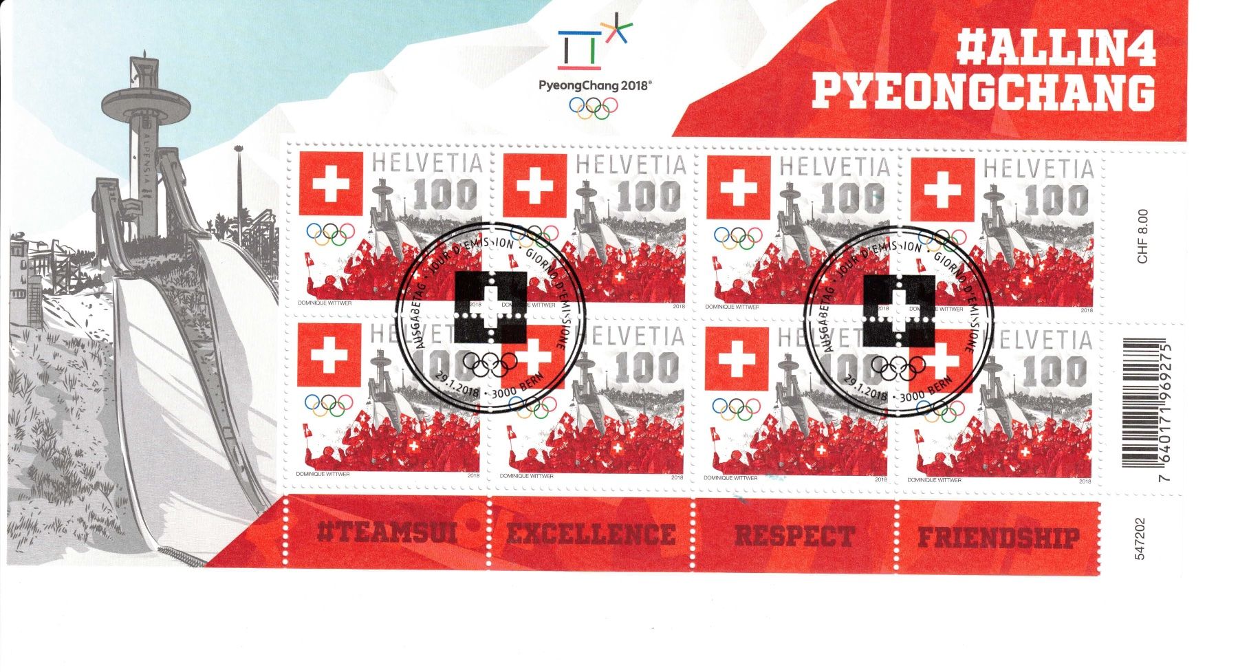Tutti i francobolli: 2018 Swiss Olympic Kleinbogen Ersttag – Usato da Bottmingen venduto da Golferin