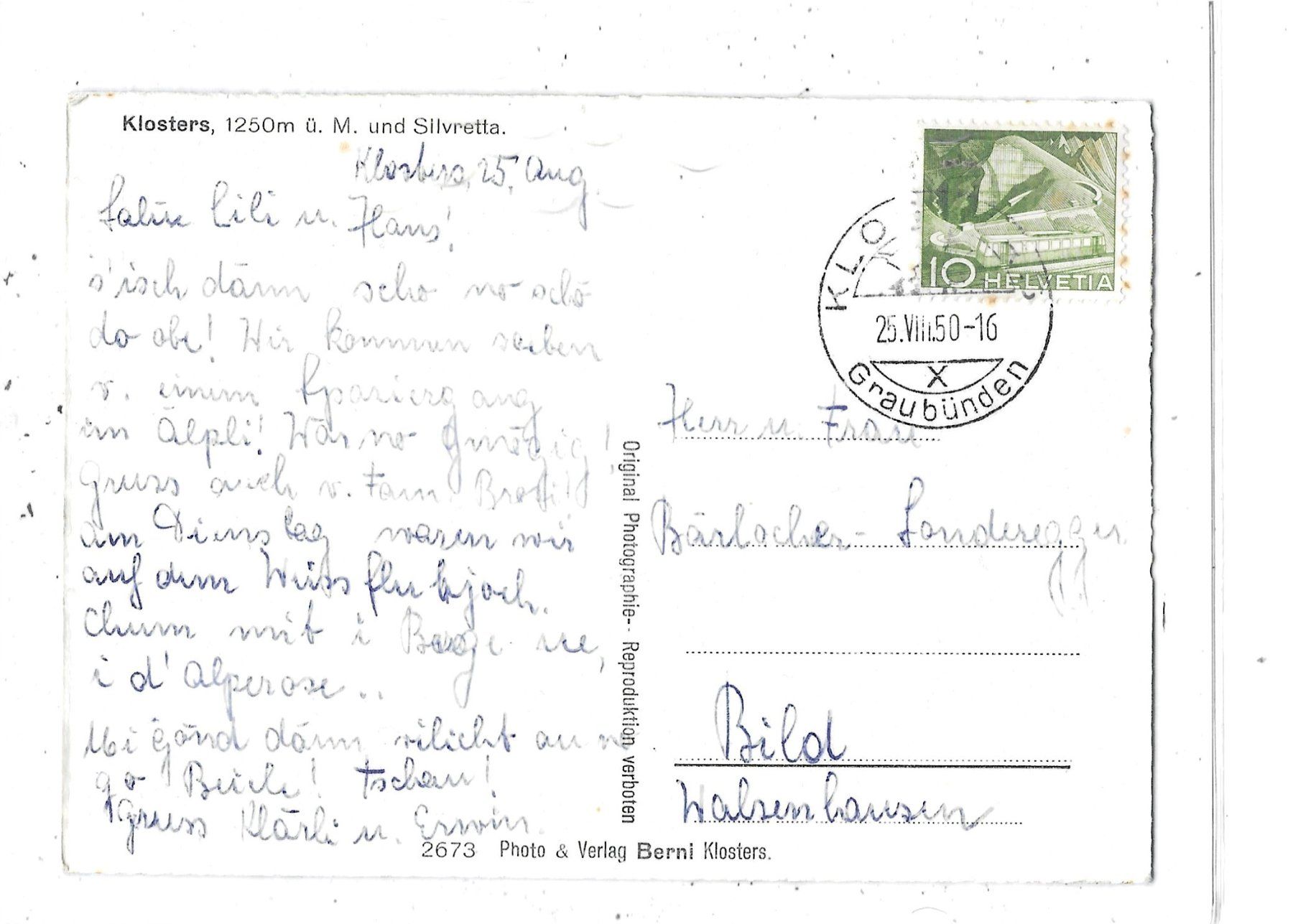 Ansichtskarten: GR Klosters 1950 mit Bahnhof – Gebraucht aus Schocherswil von Wilare 1
