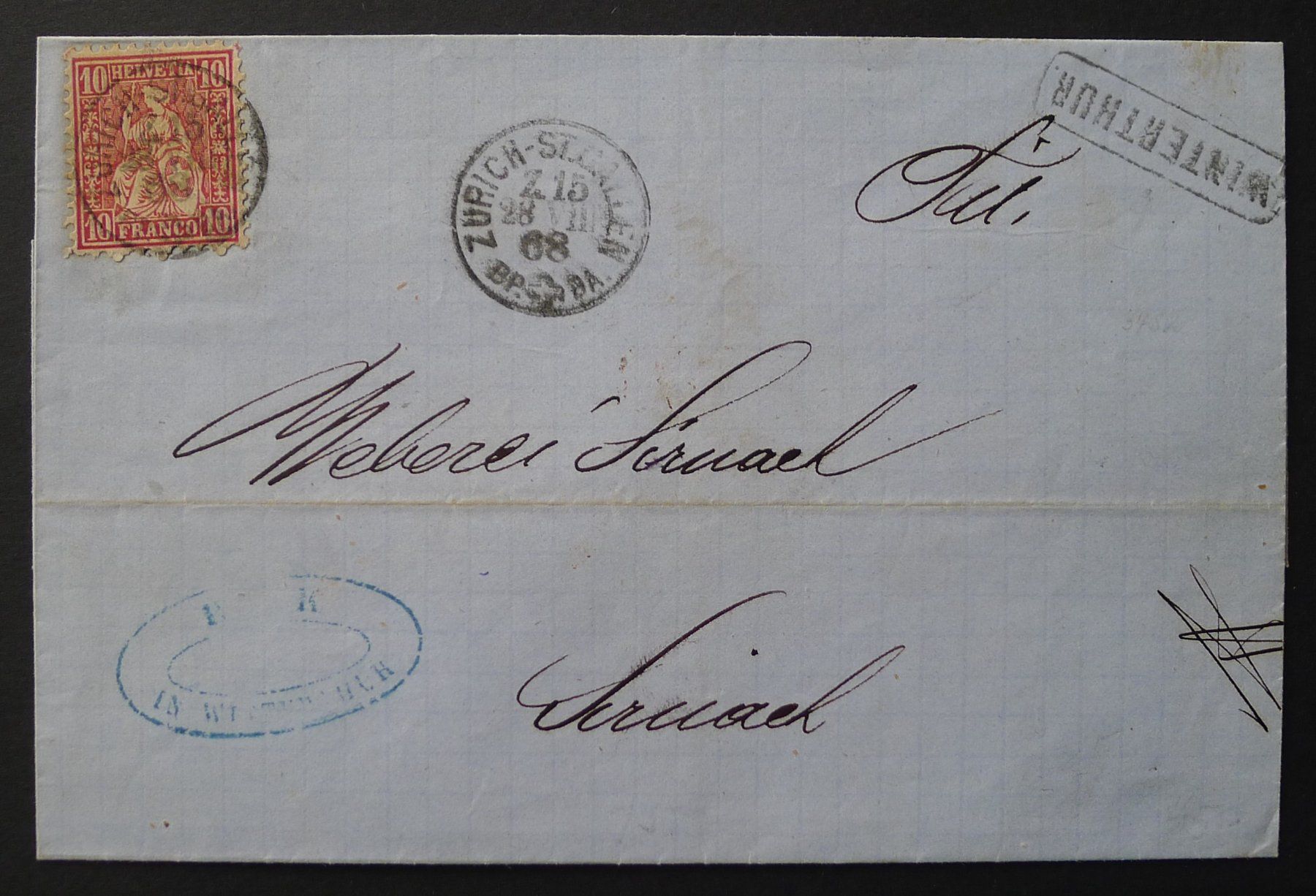 Alle Briefmarken: 1868, Bahnpost WINTERTHUR ZH Stempel eingefasst - Sirnach TG – Gebraucht aus Ebikon von SilvioFreund