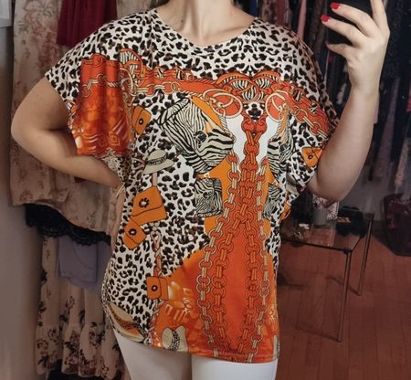 Auffällige Bluse XL – Animalprint, Kettenmuster, elegant