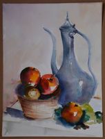 Stillleben mit Deckelkanne und Obstkorb, Aquarell unsigniert