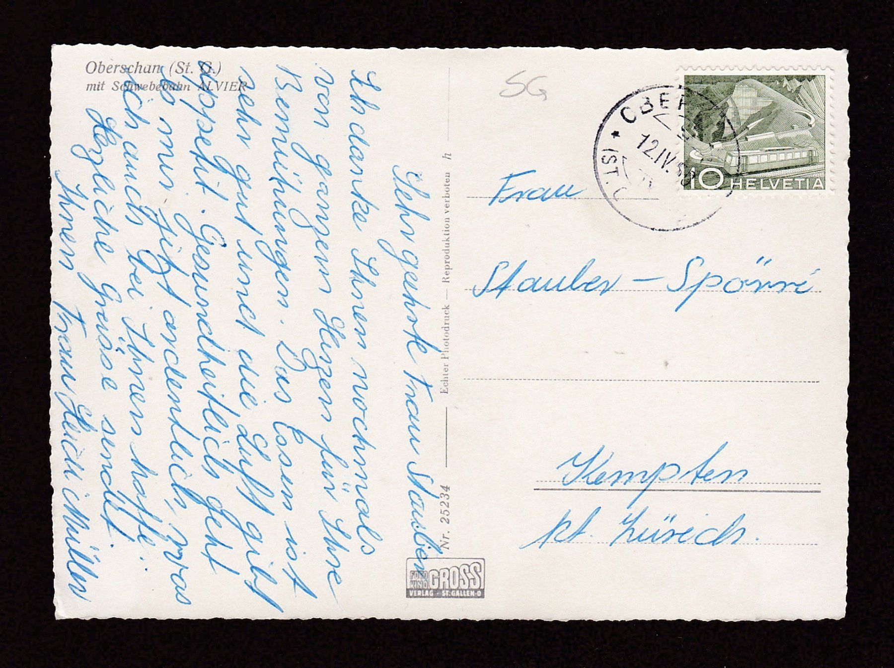 Cartoline postali: OBERSCHAN, Luftseilbahn Alvier, 1950 – Usato da Reiden venduto da cinfis 1