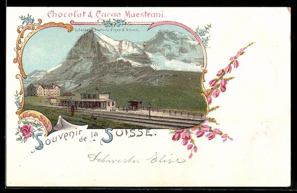 Cartes postales: Lithographie Scheidegg, Station mit Eiger & Mönch, Reklame C – D'occasion à Berlin par bartko-reher